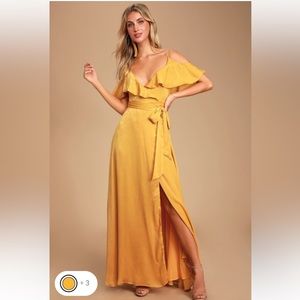 Lulu’s Mustard Yellow Satin Wrap Maxi Dress, size M